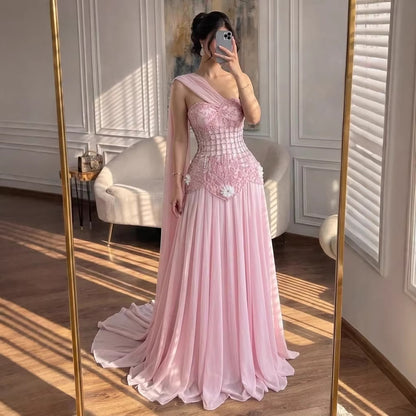 Elegent Pink Floral Beaded Chiffon Evening Dress for Wedding Guest LA73451