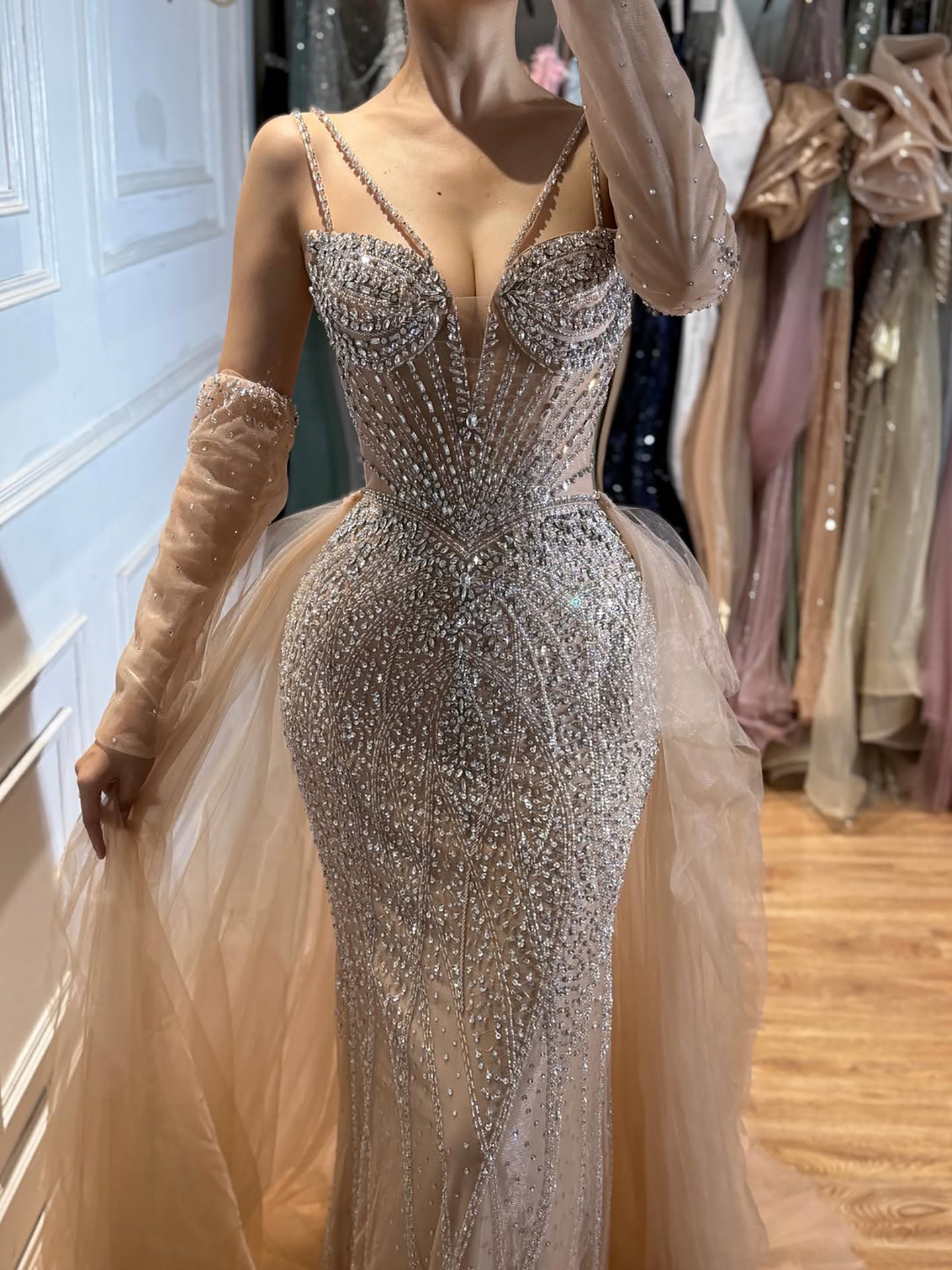 Green Beaded Mermaid Luxury Evening Dress with Skirt LA73455
