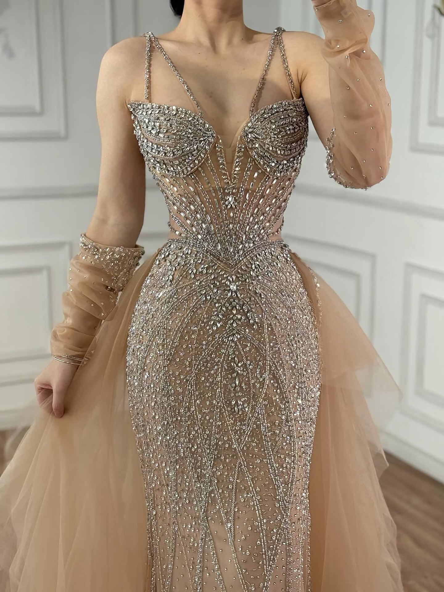 Green Beaded Mermaid Luxury Evening Dress with Skirt LA73455