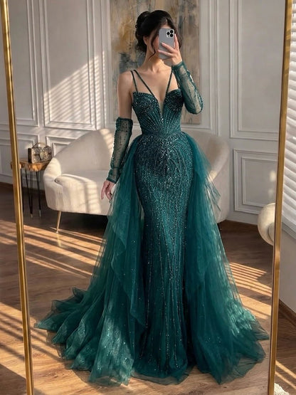 Green Beaded Mermaid Luxury Evening Dress with Skirt LA73455
