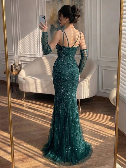 Green Beaded Mermaid Luxury Evening Dress with Skirt LA73455