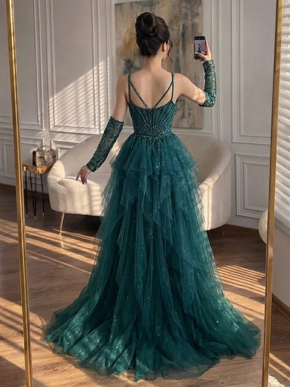 Green Beaded Mermaid Luxury Evening Dress with Skirt LA73455