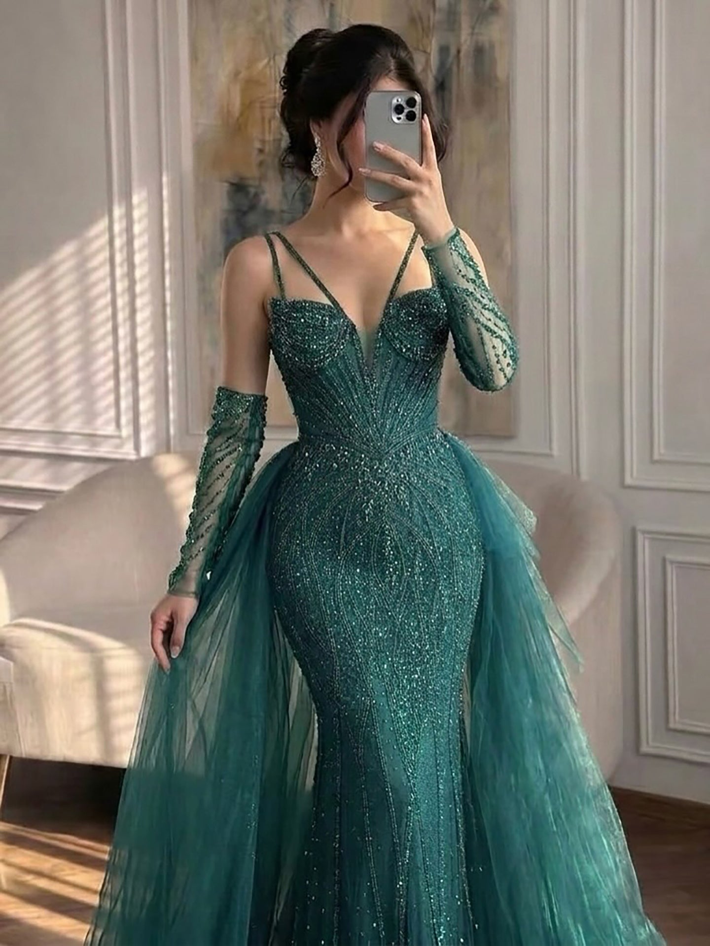 Green Beaded Mermaid Luxury Evening Dress with Skirt LA73455
