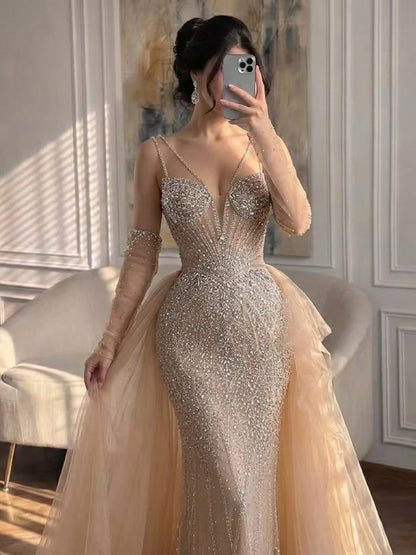 Green Beaded Mermaid Luxury Evening Dress with Skirt LA73455