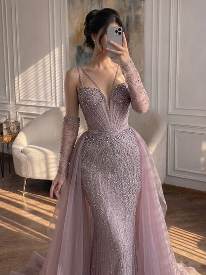 Green Beaded Mermaid Luxury Evening Dress with Skirt LA73455