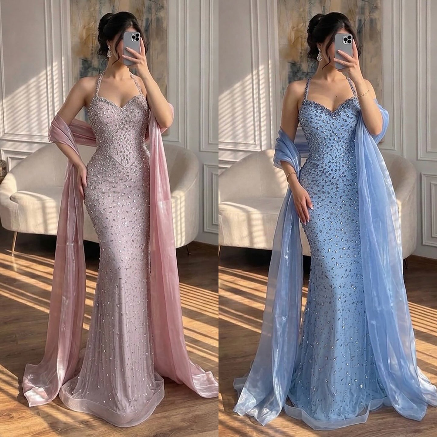 Luxury Blue Beaded Halter Mermaid Evening Dress with Scarf  LA73471