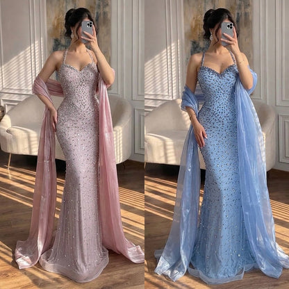 Luxury Blue Beaded Halter Mermaid Evening Dress with Scarf  LA73471