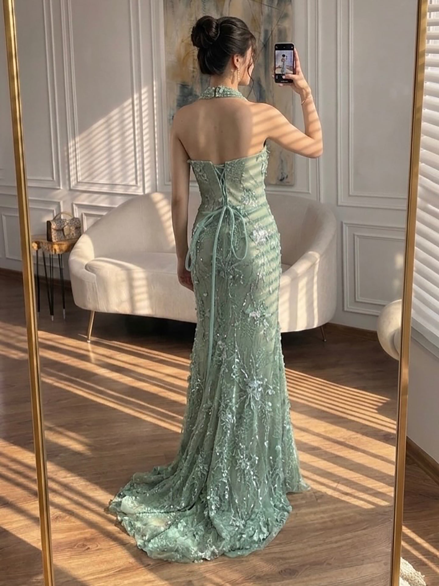 Elegant Sage Green Lace 3D Flowers Halter Evening Dress with Slit LA73472