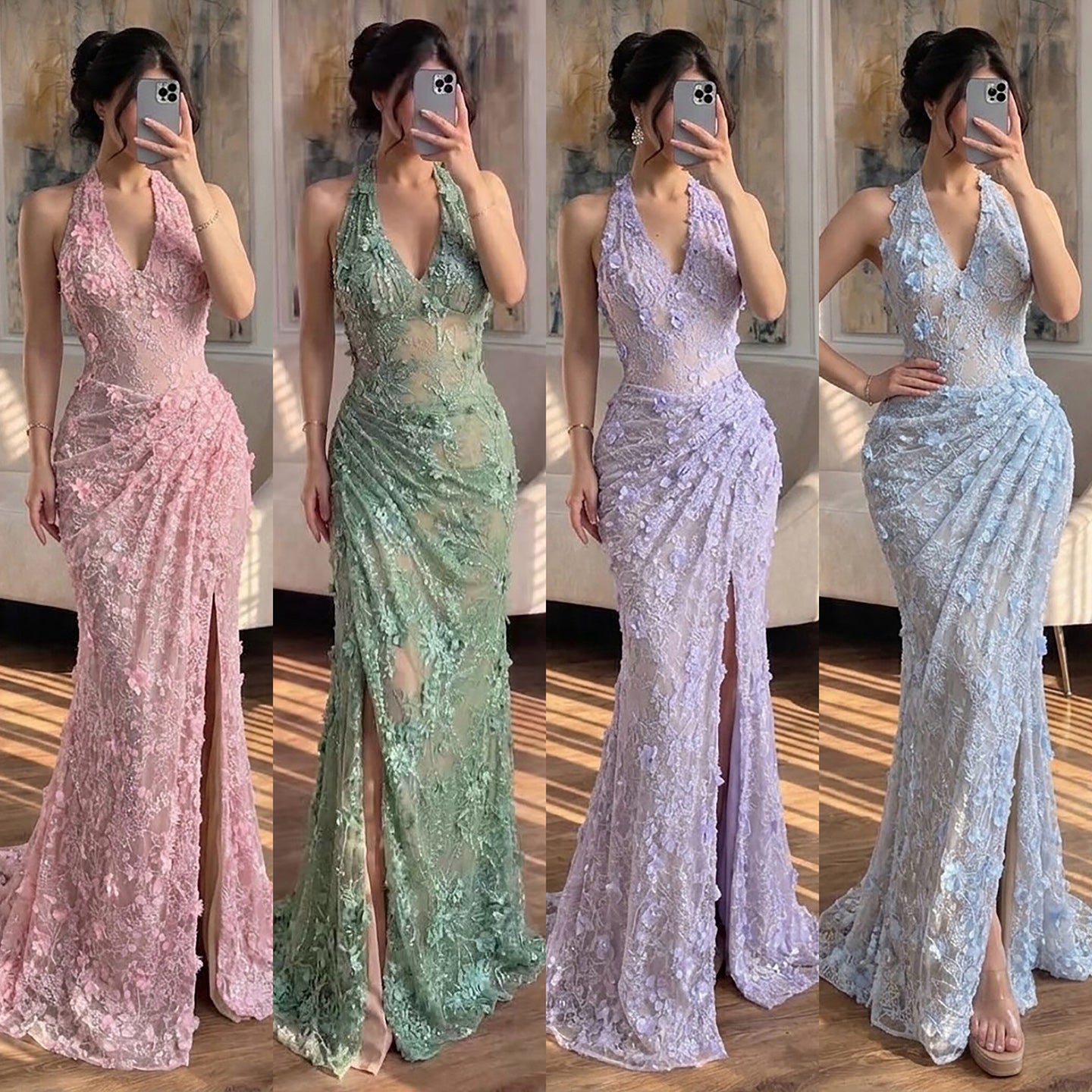 Elegant Sage Green Lace 3D Flowers Halter Evening Dress with Slit LA73472