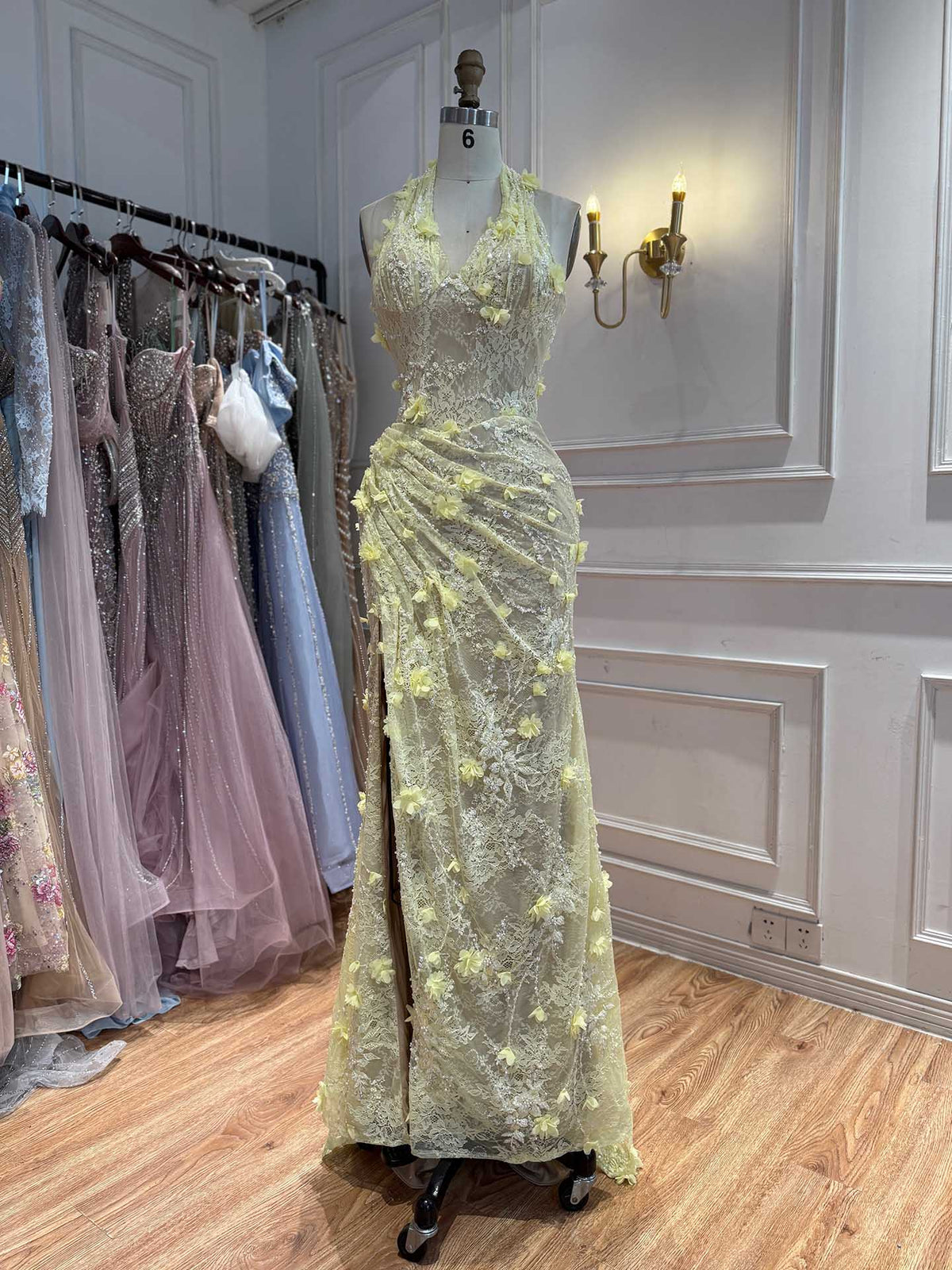 Halter Neck Sage Green Lace Floral Corset Evening Dress with Slit LA73472
