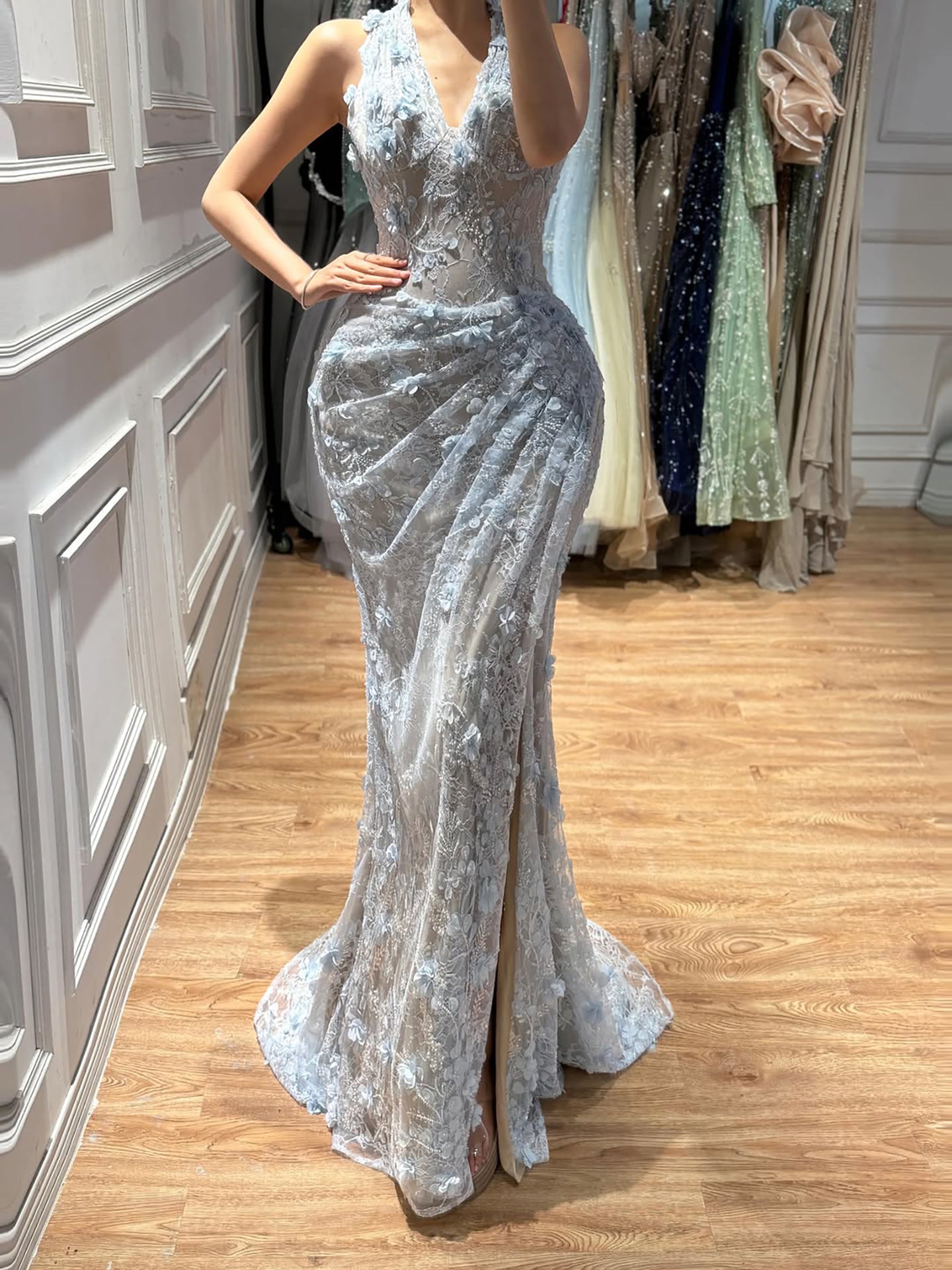 Elegant Sage Green Lace 3D Flowers Corset Halter Evening Dress with Slit LA73472