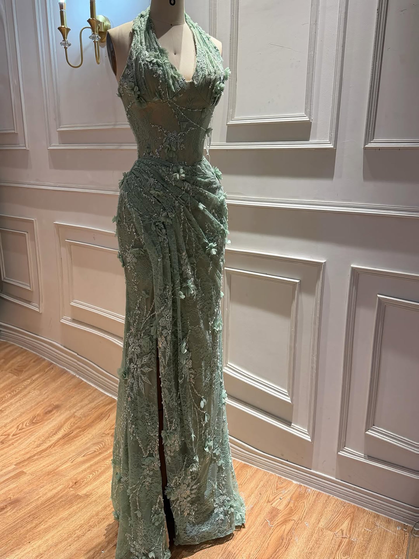 Elegant Sage Green Lace 3D Flowers Halter Evening Dress with Slit LA73472