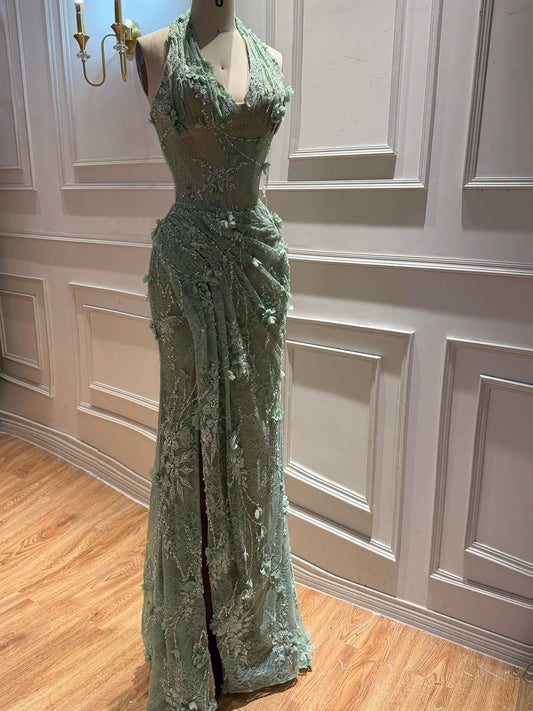 Halter Neck Sage Green Lace Floral Corset Evening Dress with Slit LA73472
