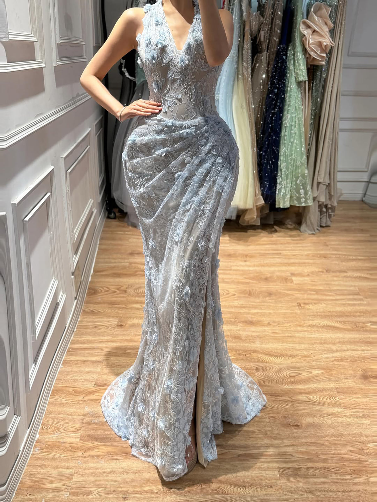 Halter Neck Sage Green Lace Floral Corset Evening Dress with Slit LA73472