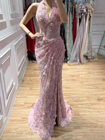 Elegant Sage Green Lace 3D Flowers Halter Evening Dress with Slit LA73472