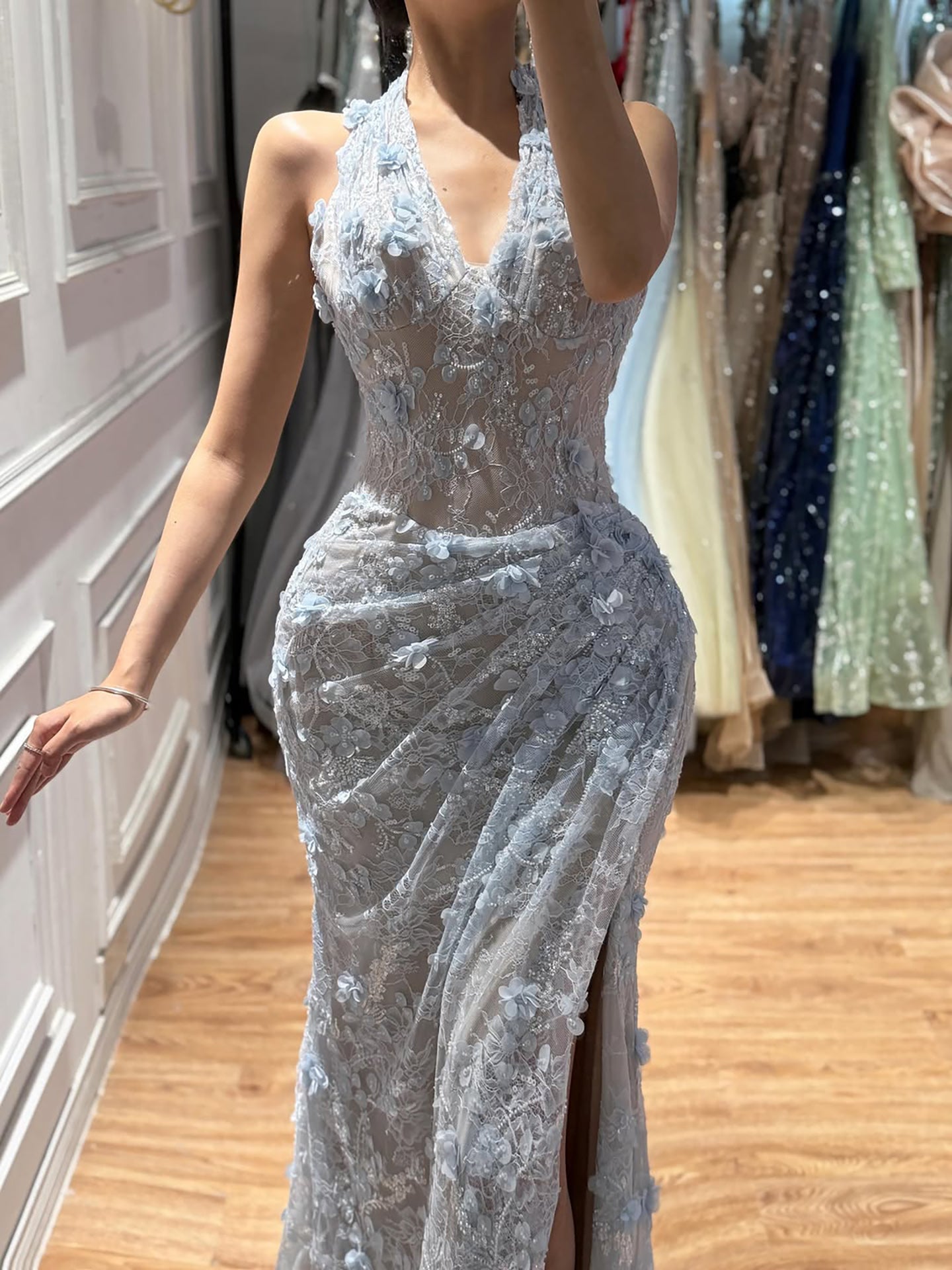 Elegant Sage Green Lace 3D Flowers Halter Evening Dress with Slit LA73472