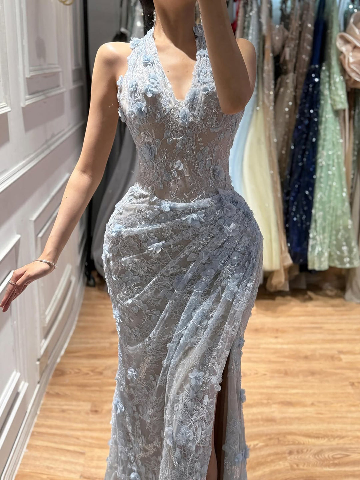 Elegant Sage Green Lace 3D Flowers Corset Halter Evening Dress with Slit LA73472
