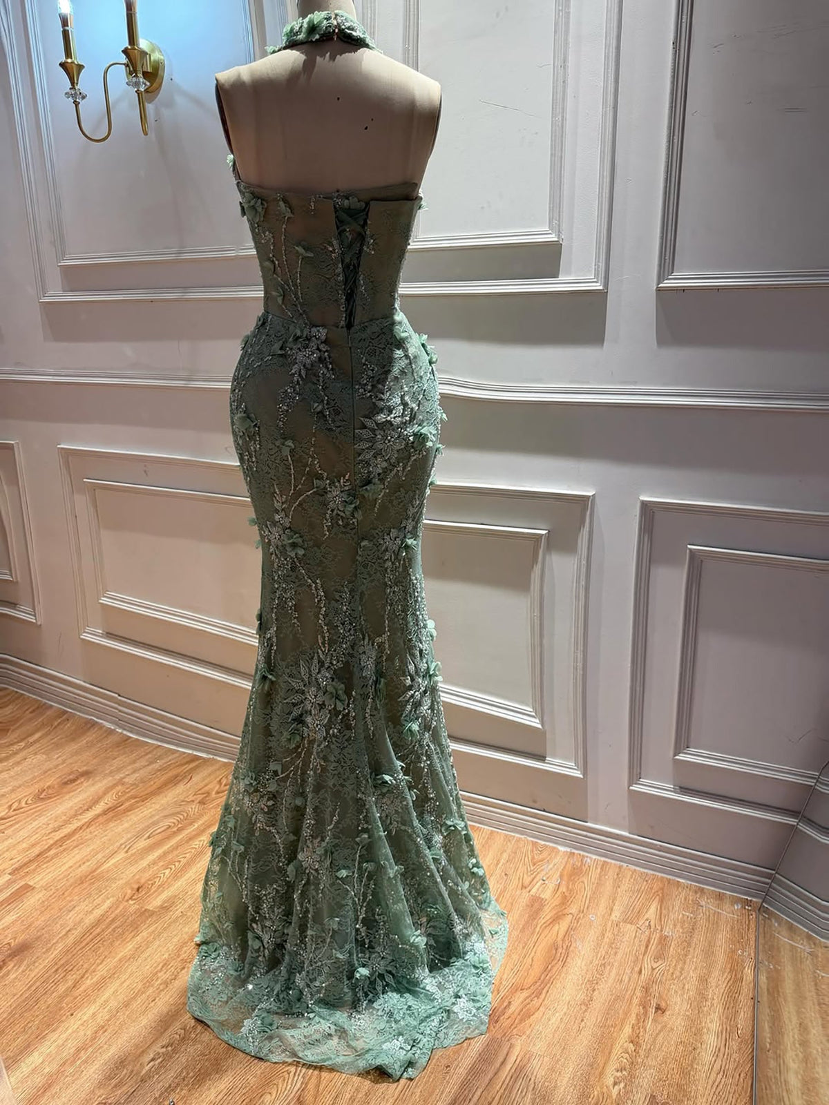 Elegant Sage Green Lace 3D Flowers Corset Halter Evening Dress with Slit LA73472