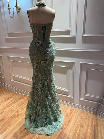 Elegant Sage Green Lace 3D Flowers Corset Halter Evening Dress with Slit LA73472
