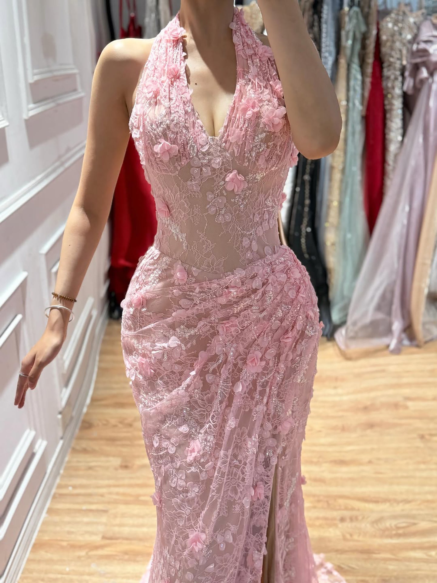Elegant Sage Green Lace 3D Flowers Corset Halter Evening Dress with Slit LA73472