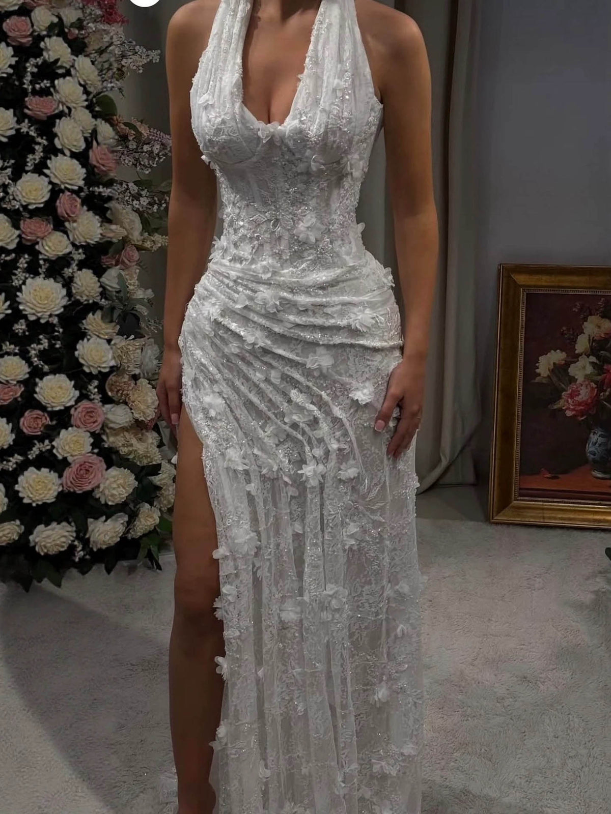 Elegant Sage Green Lace 3D Flowers Corset Halter Evening Dress with Slit LA73472