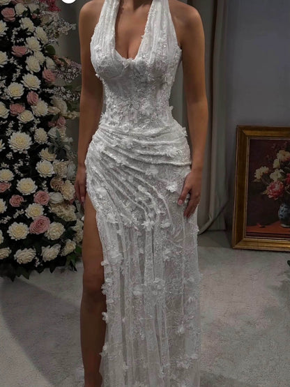 Elegant Sage Green Lace 3D Flowers Corset Halter Evening Dress with Slit LA73472