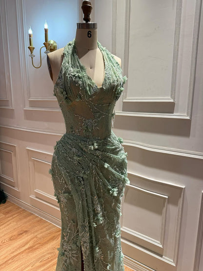 Elegant Sage Green Lace 3D Flowers Corset Halter Evening Dress with Slit LA73472