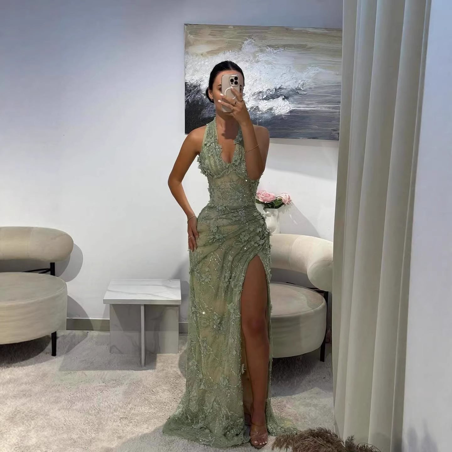 Elegant Sage Green Lace 3D Flowers Halter Evening Dress with Slit LA73472