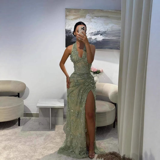 Elegant Sage Green Lace 3D Flowers Corset Halter Evening Dress with Slit LA73472