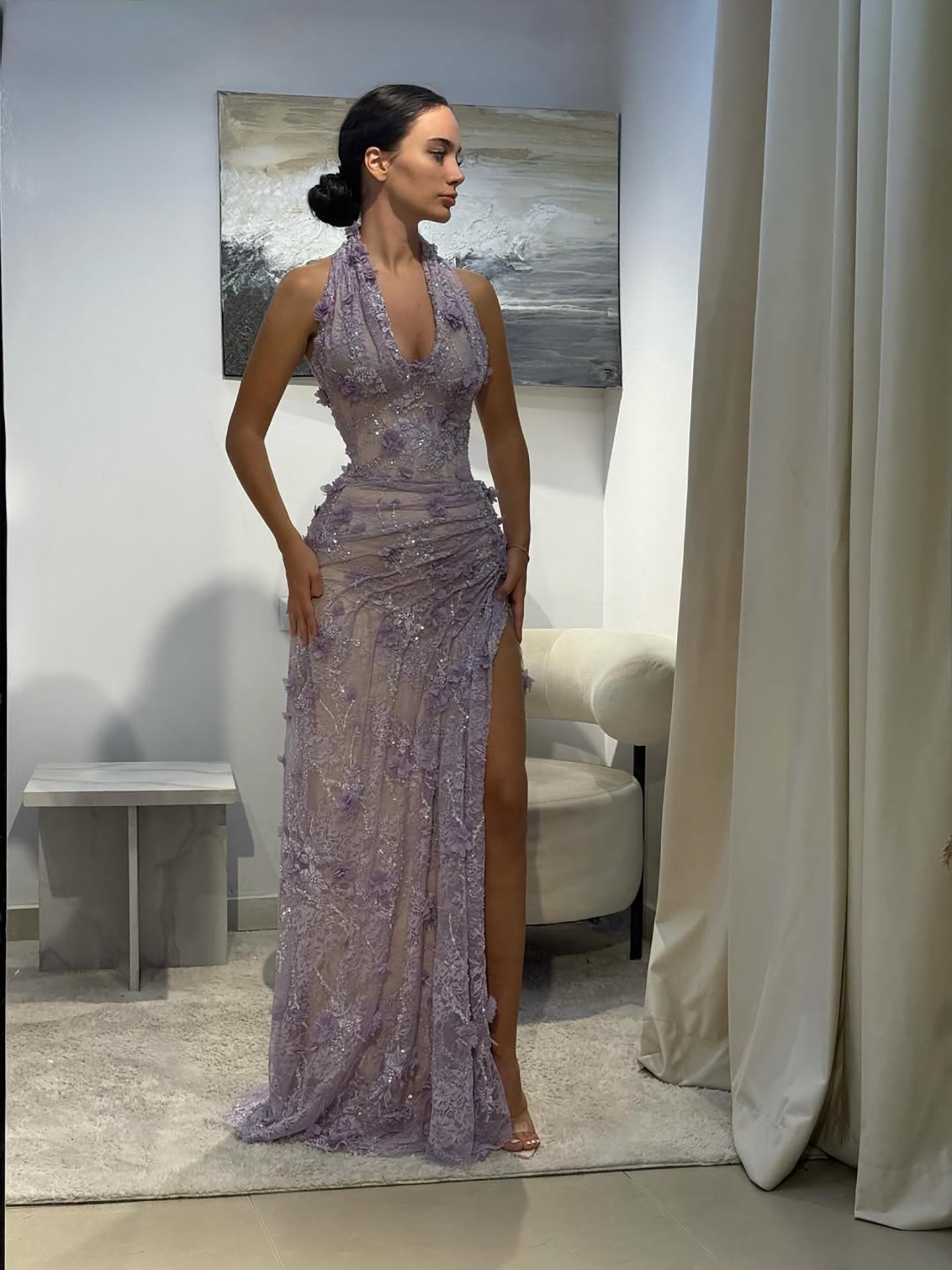 Elegant Sage Green Lace 3D Flowers Corset Halter Evening Dress with Slit LA73472