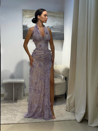 Elegant Sage Green Lace 3D Flowers Corset Halter Evening Dress with Slit LA73472