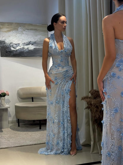 Elegant Sage Green Lace 3D Flowers Halter Evening Dress with Slit LA73472