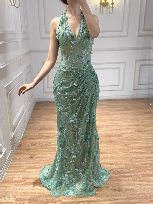 Elegant Sage Green Lace 3D Flowers Corset Halter Evening Dress with Slit LA73472