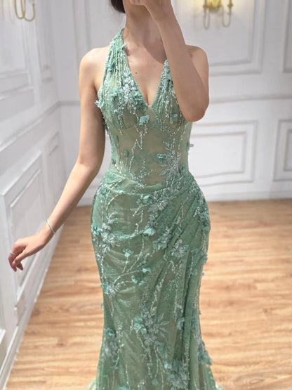 Elegant Sage Green Lace 3D Flowers Halter Evening Dress with Slit LA73472