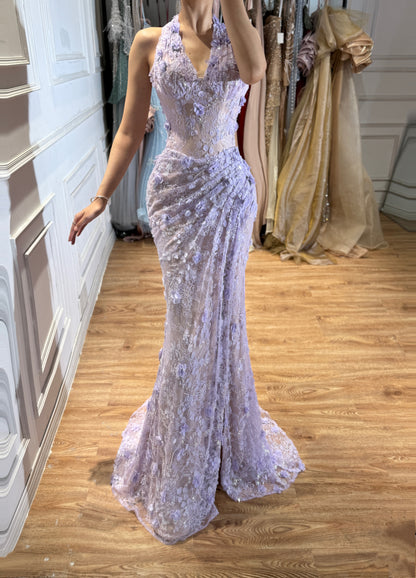 Halter Neck Sage Green Lace Floral Corset Evening Dress with Slit LA73472