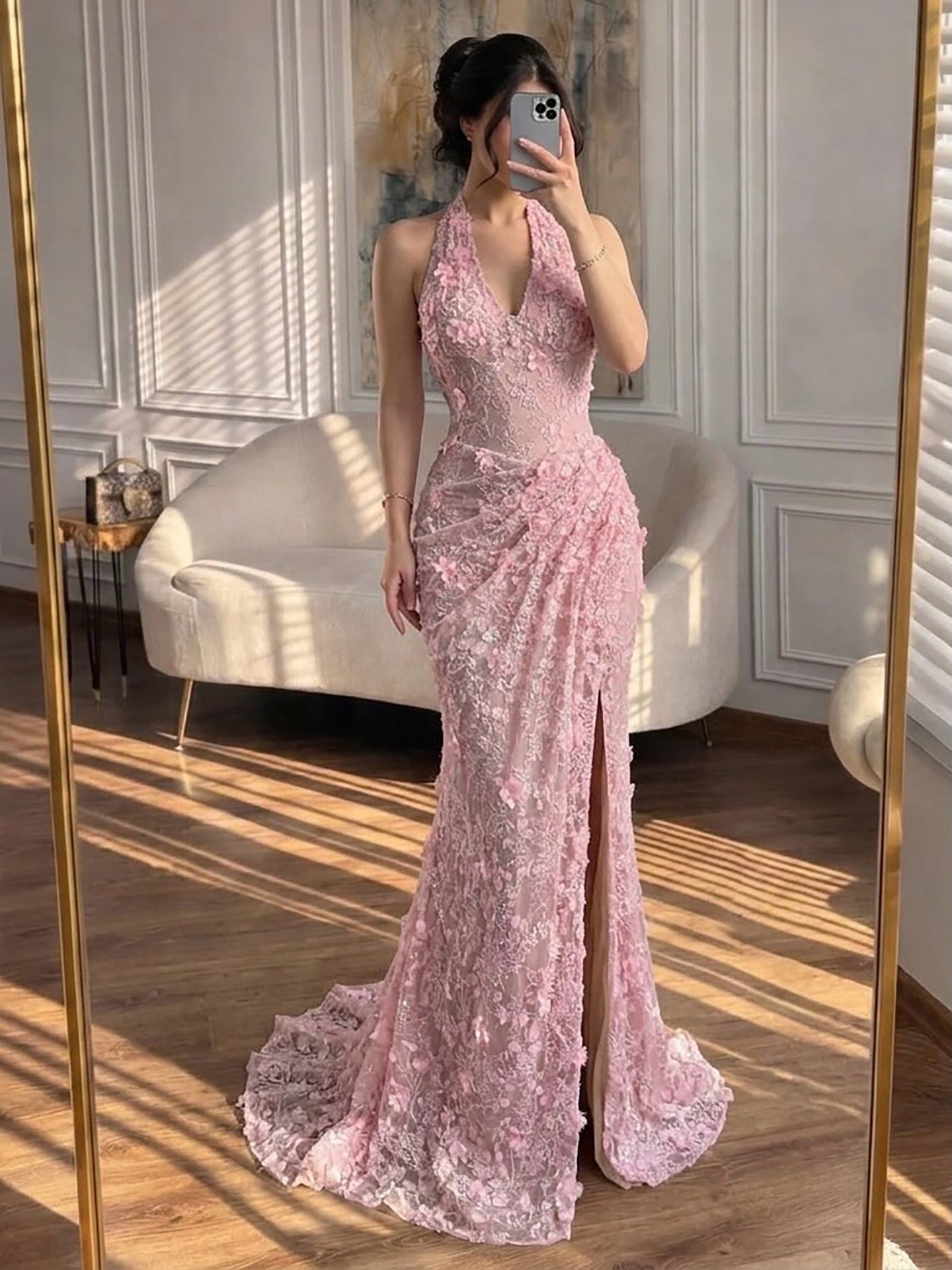 Elegant Sage Green Lace 3D Flowers Corset Halter Evening Dress with Slit LA73472