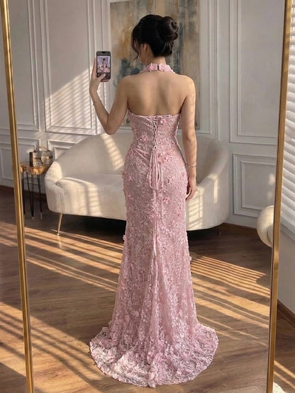 Elegant Sage Green Lace 3D Flowers Corset Halter Evening Dress with Slit LA73472