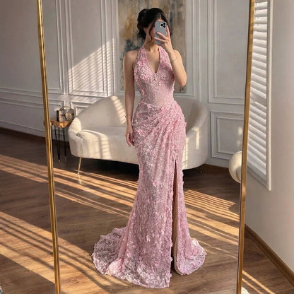 Elegant Sage Green Lace 3D Flowers Corset Halter Evening Dress with Slit LA73472