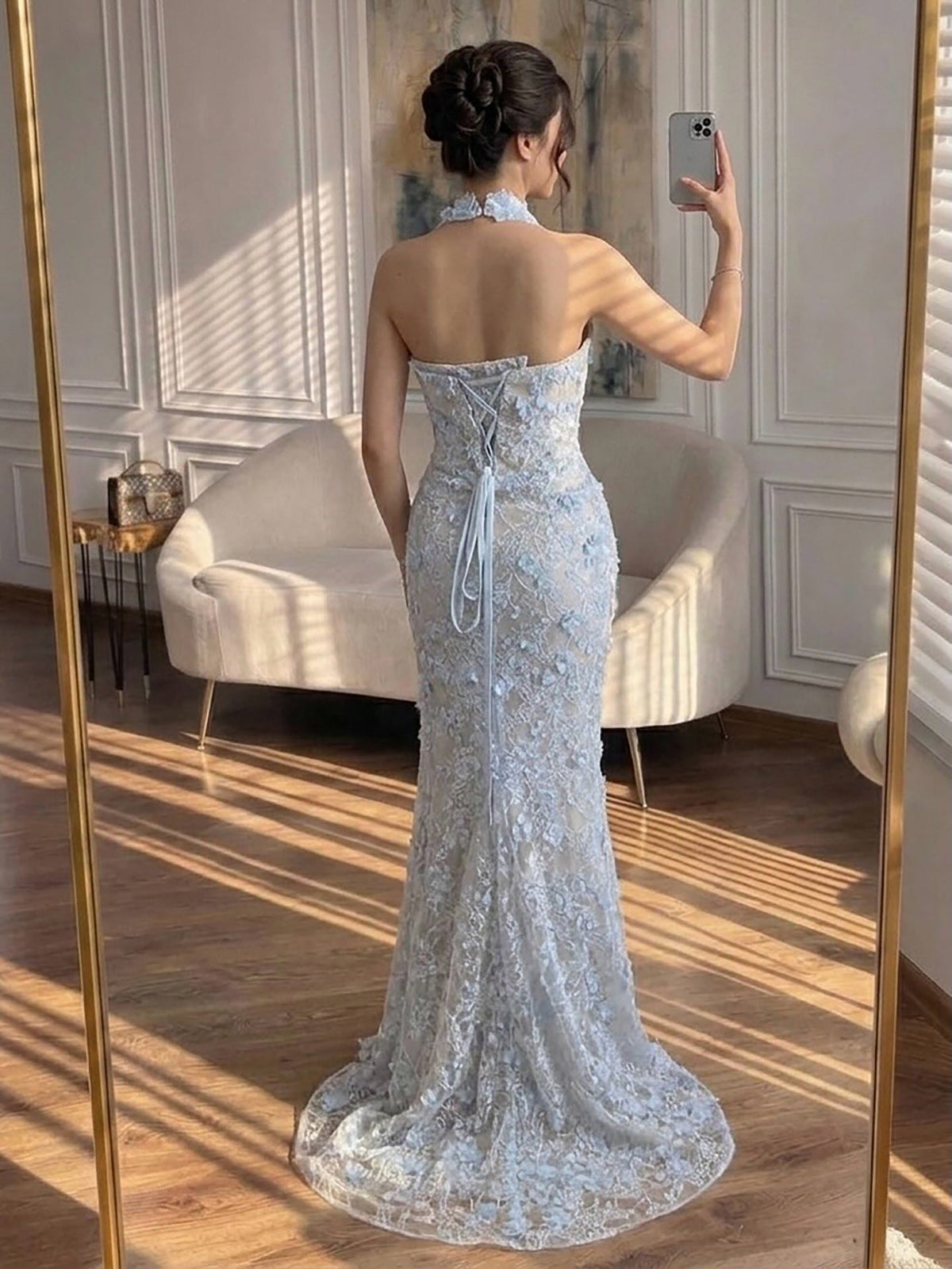 Elegant Sage Green Lace 3D Flowers Corset Halter Evening Dress with Slit LA73472