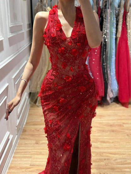 Elegant Sage Green Lace 3D Flowers Corset Halter Evening Dress with Slit LA73472