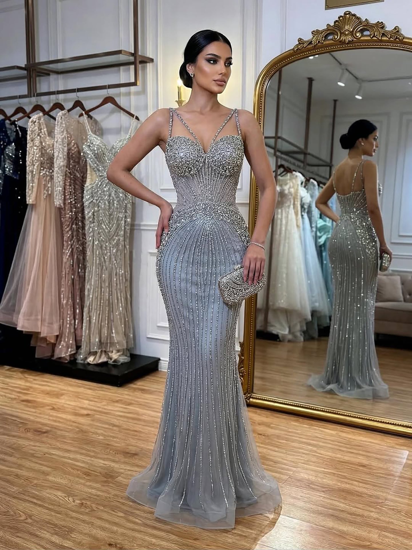 Purple Spaghetti Strap Luxury Beaded Mermaid Evening Dress LA73480