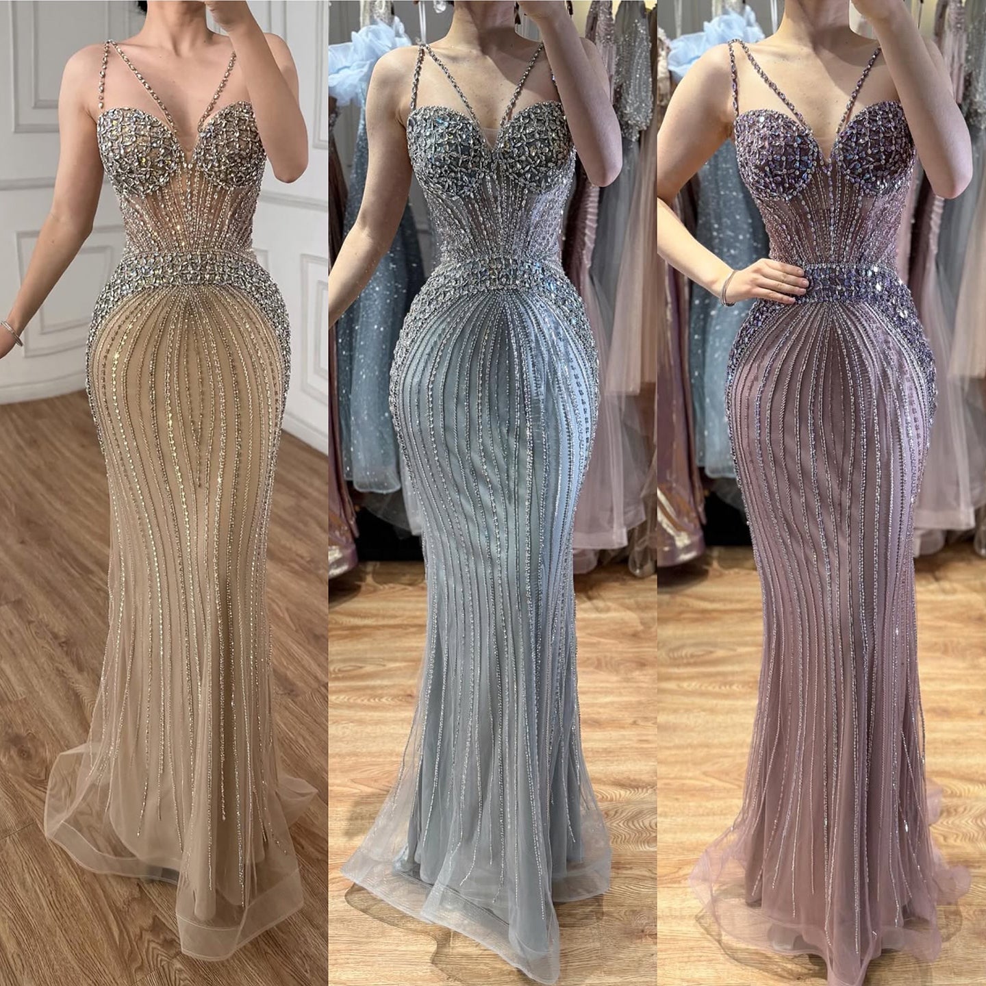 Purple Spaghetti Strap Luxury Beaded Mermaid Evening Dress LA73480
