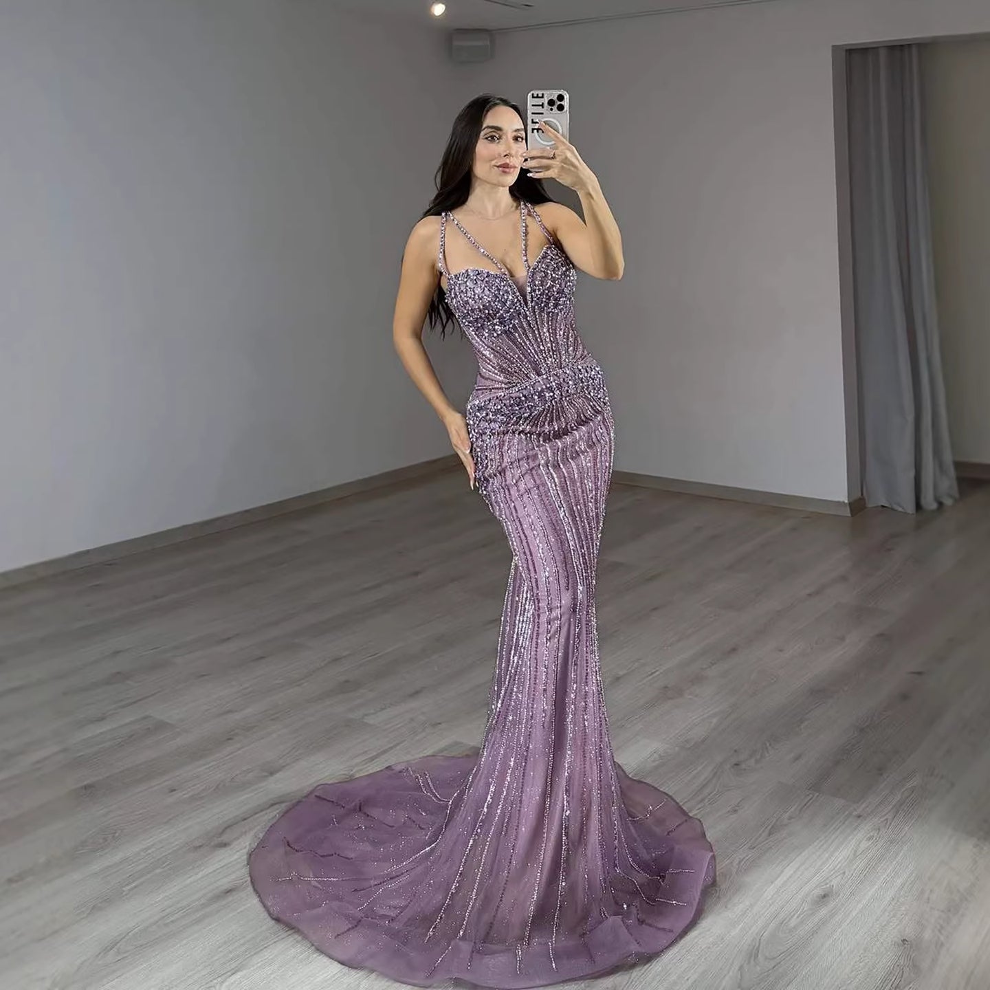 Purple Spaghetti Strap Luxury Beaded Mermaid Evening Dress LA73480