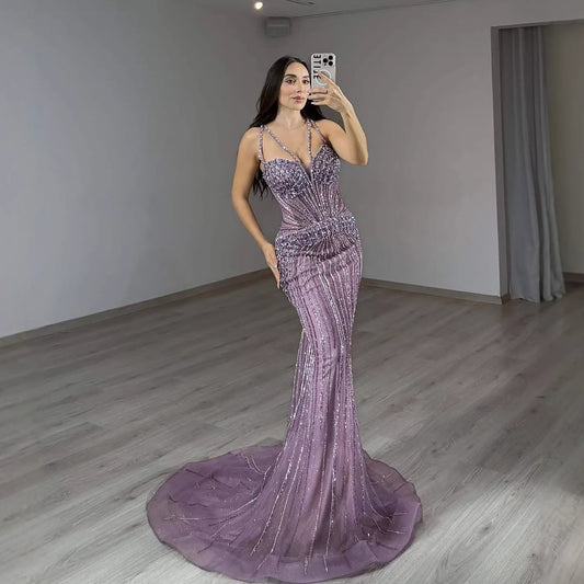 Purple Spaghetti Strap Luxury Beaded Mermaid Evening Dress LA73480