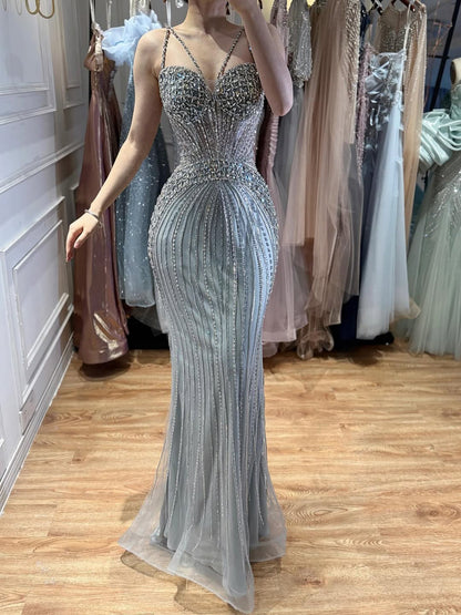 Purple Spaghetti Strap Luxury Beaded Mermaid Evening Dress LA73480
