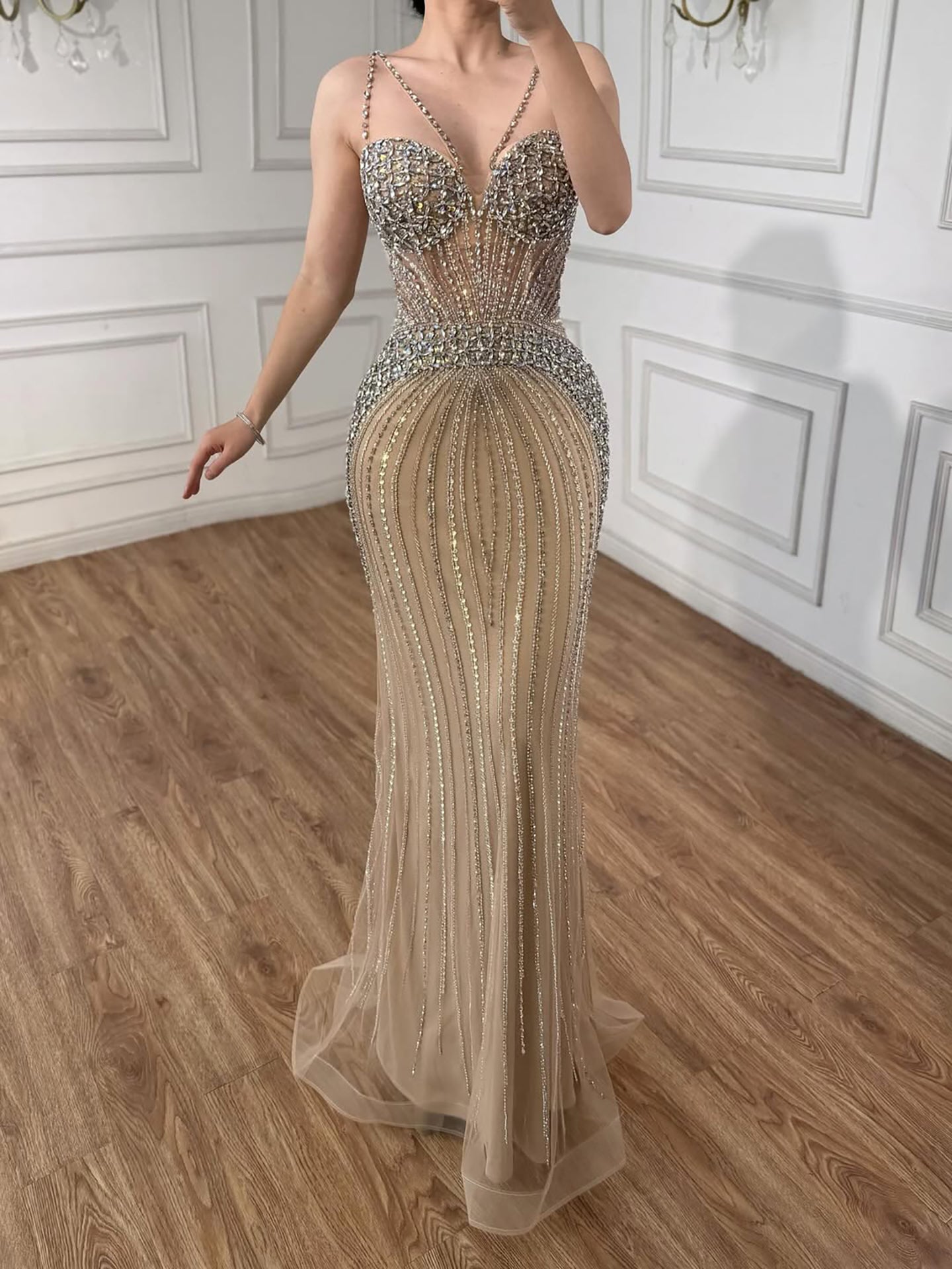 Purple Spaghetti Strap Luxury Beaded Mermaid Evening Dress LA73480