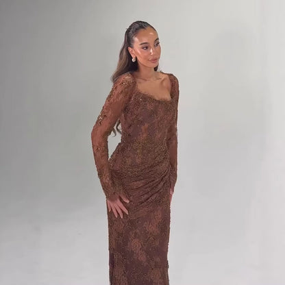 Elegant Brown Strapless Lace Beaded Mermaid Evening Dress LA73484