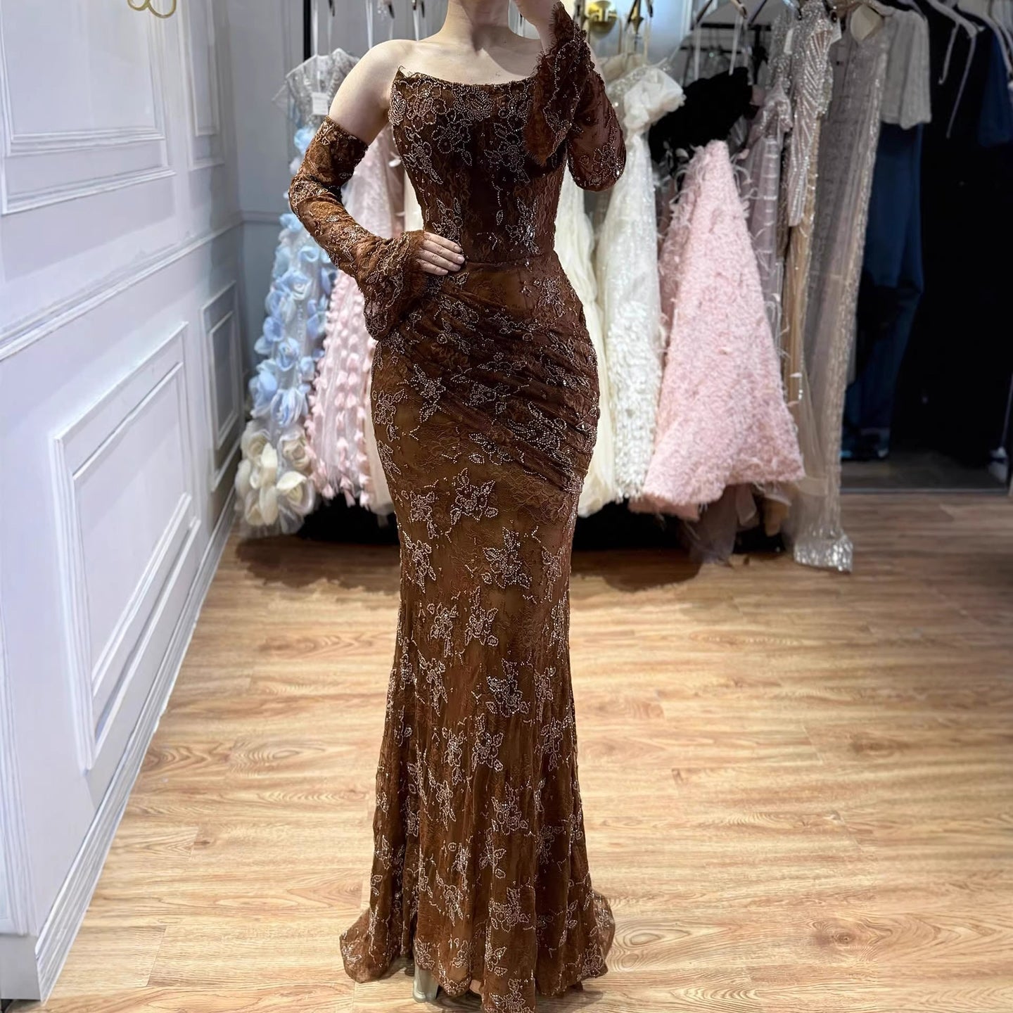Elegant Brown Strapless Lace Beaded Mermaid Evening Dress LA73484