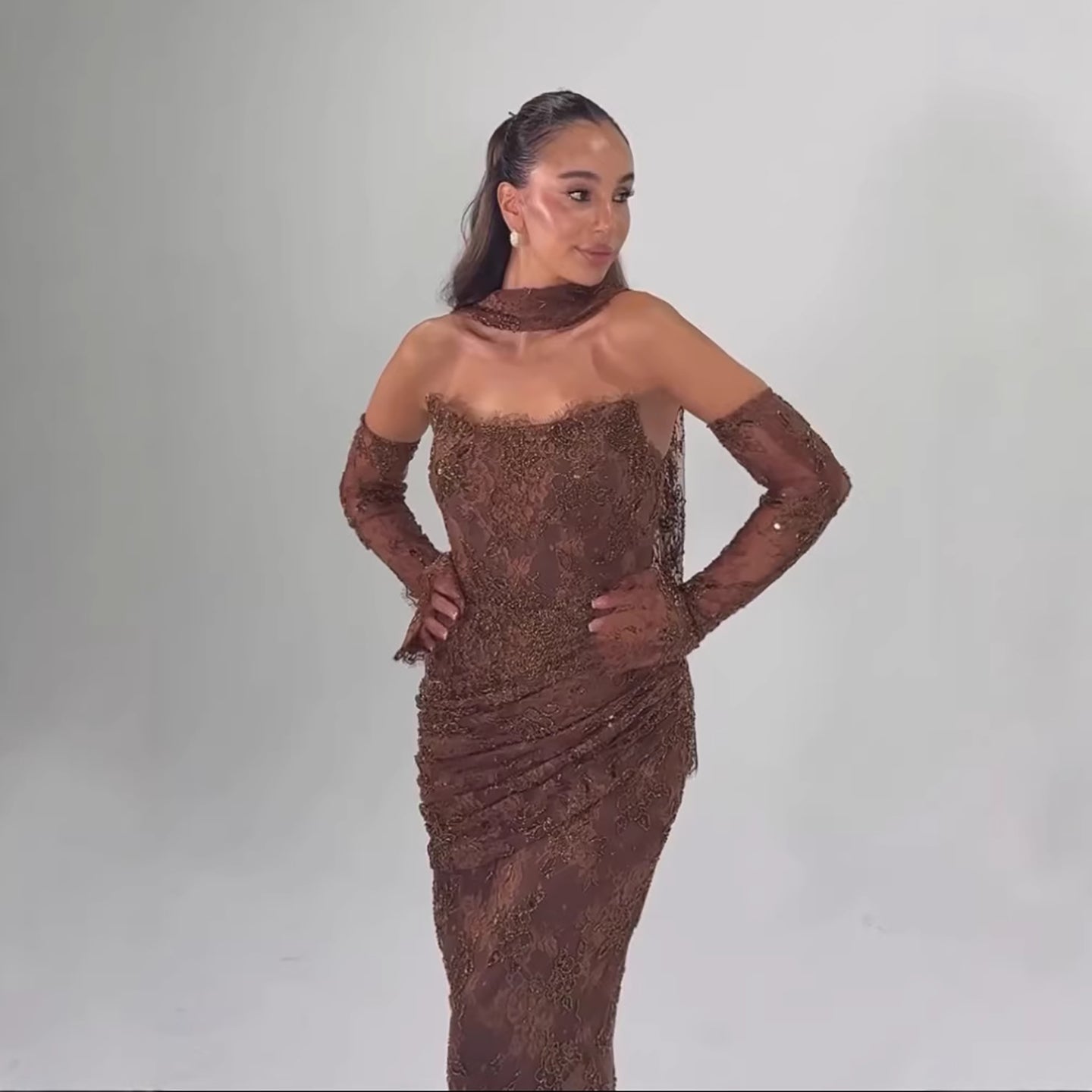Elegant Brown Strapless Lace Beaded Mermaid Evening Dress LA73484
