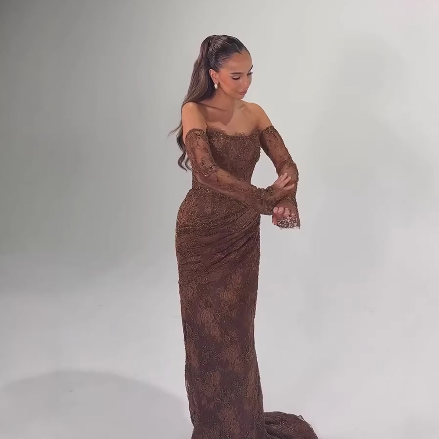 Elegant Brown Strapless Lace Beaded Mermaid Evening Dress LA73484